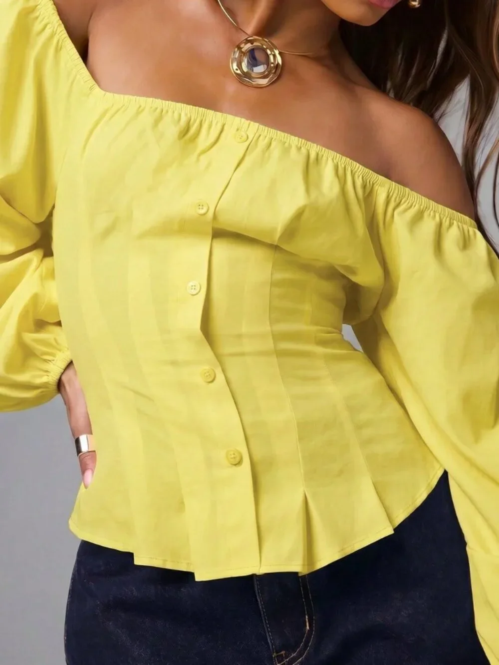 Yellow Elegant Off-Shoulder Sleeve Pleated Balloon Top